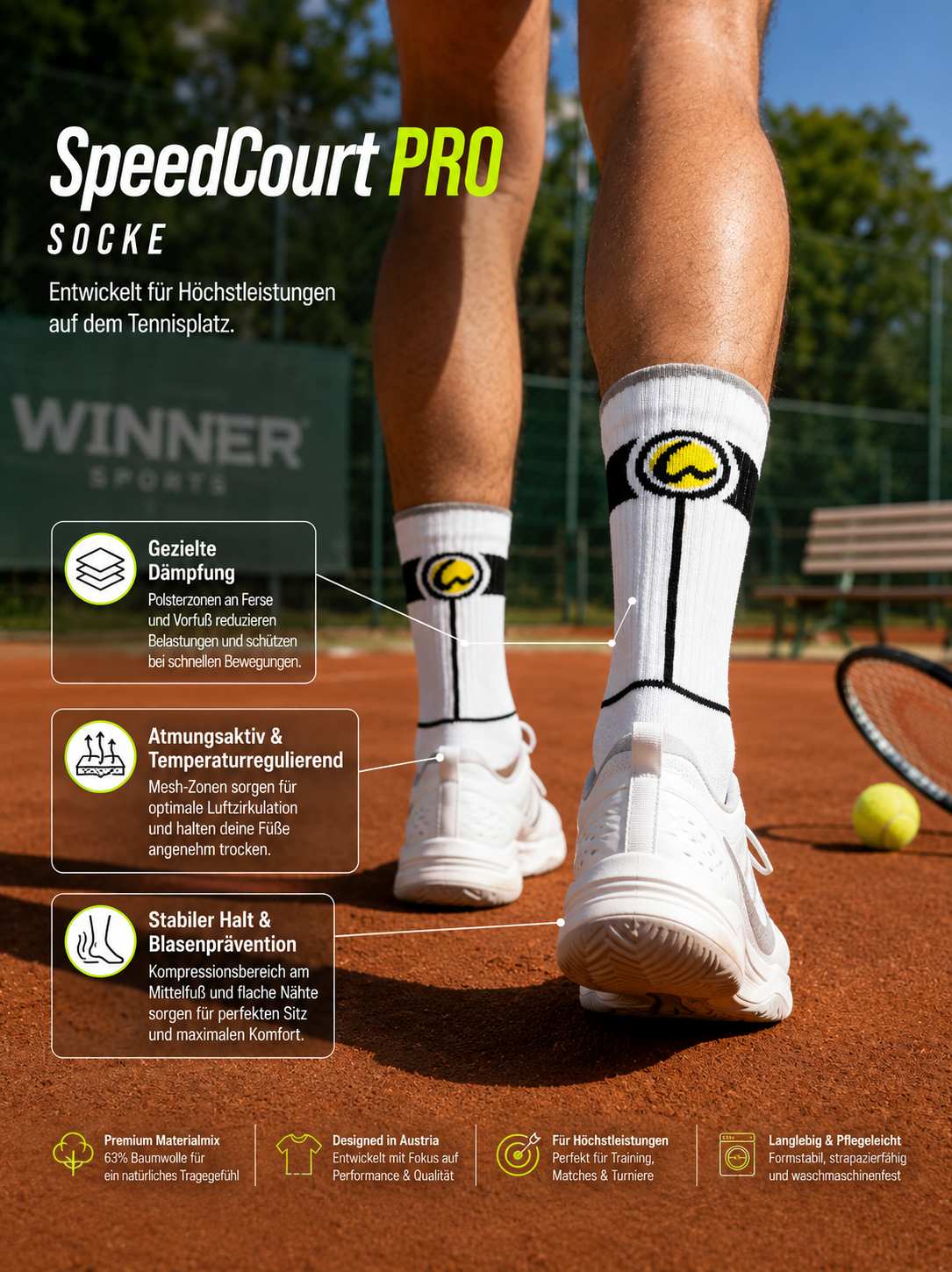 Performance CREW-Tennissocke "Speed Court PRO" | Unisex
